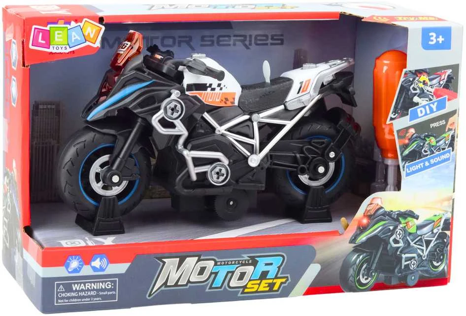 Konstrukcinis žaislas Motociklas DIY, su šviesos ir garso efektais, juodas