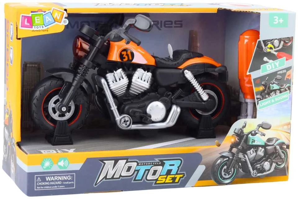 Konstrukcinis žaislas Motociklas DIY, su šviesos ir garso efektais, oranžinis