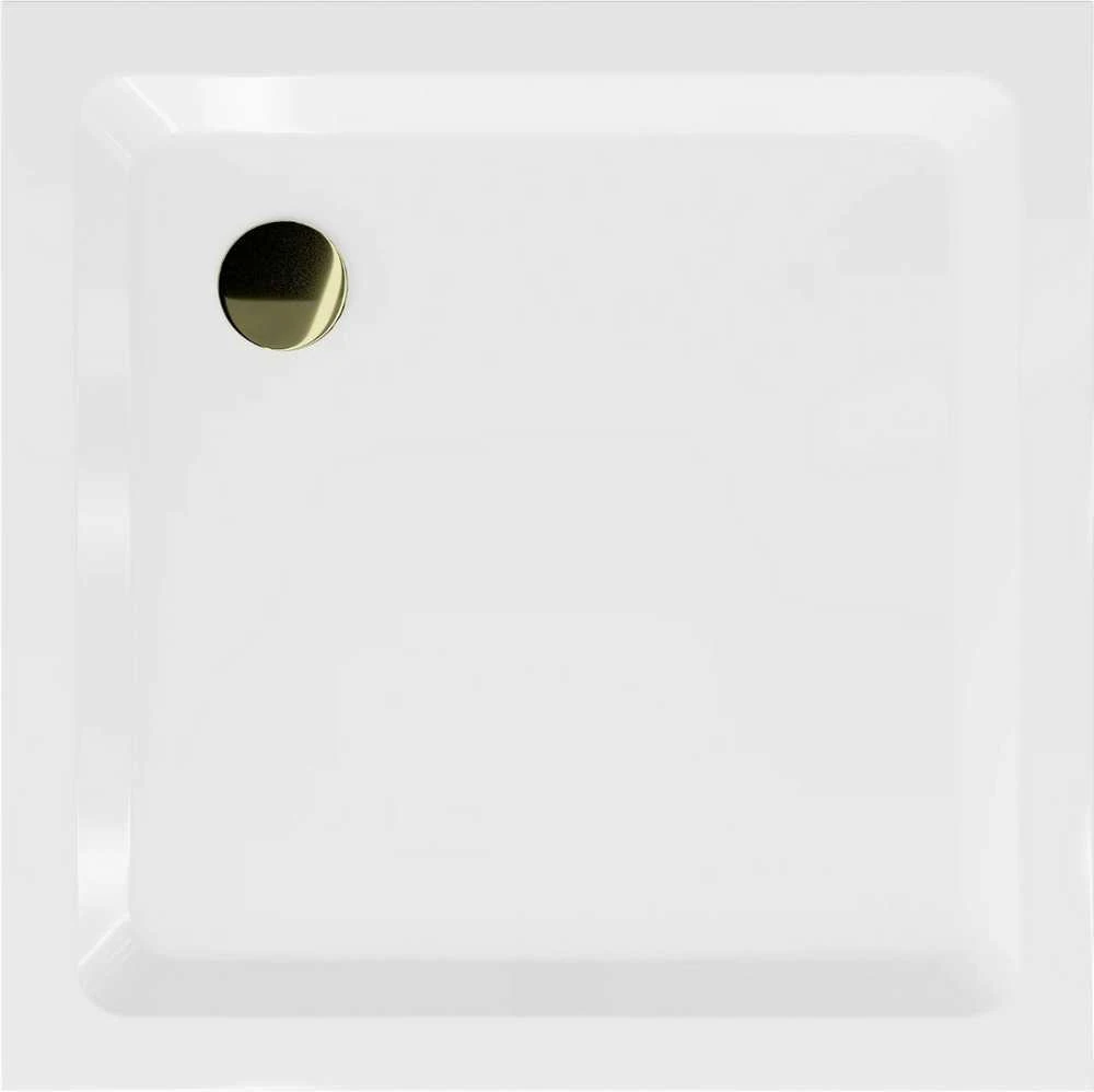 Kvadratinis dušo padėklas Mexen Flat Slim su sifonu, Baltas+Gold, 90 x 90 cm
