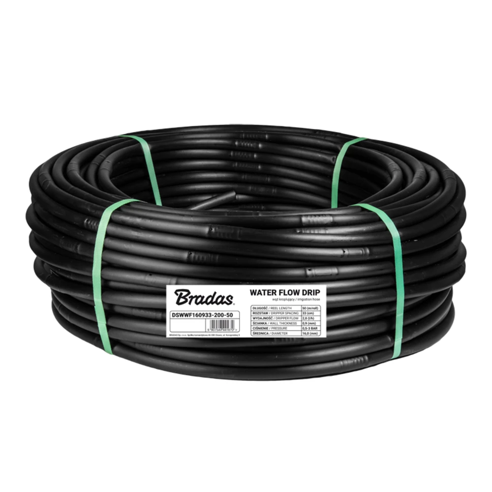 Lašelinio laistymo žarna Bradas WATER FLOW DRIP, 50 m (16 / 0,9mm/ 33cm/ 2,0l/h)