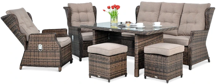 Lauko baldų komplektas BALTIMORE DINING + su pufais, Brown