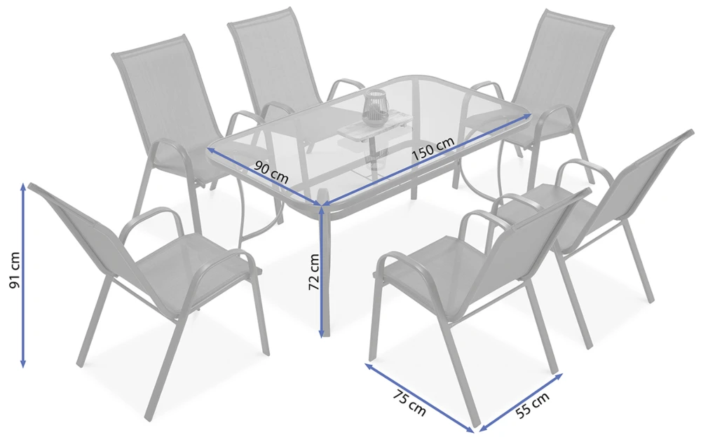 Lauko baldų komplektas Bologna, 150 cm, 6+1, Light Pilkas