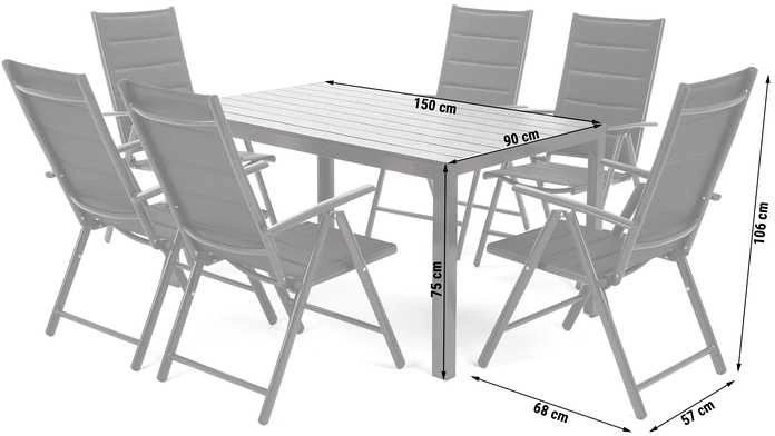 Lauko baldų komplektas Ibiza 150 cm, 6+1, Sidabrinis / Juodas