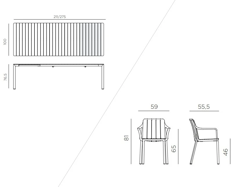 Lauko baldų komplektas TIBERINA/TEVERE 10+1, stalas 211-275 cm, Tortora
