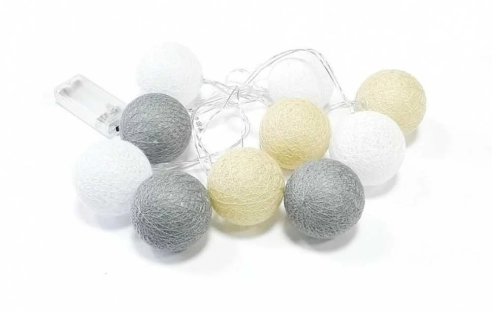 LED girlianda Cotton Balls, 10 LED, pilka/žalia/juoda