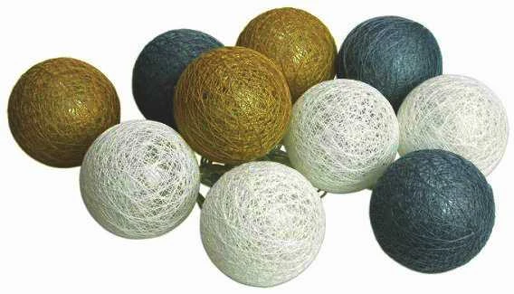 LED girlianda Cotton Balls, 10 LED, pilka/žalia/juoda