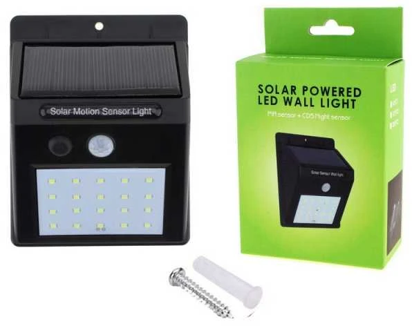 LED šviestuvas su saulės baterija ir judesio davikliu, 20 LED