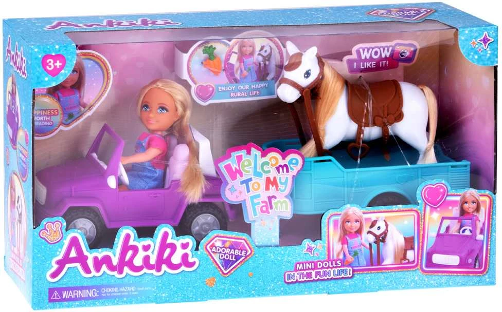 Lėlė Ankiki su arkliuku, automobiliu ir priekaba