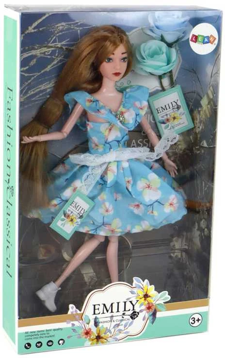 Lėlė Emily su mėlyna suknele ir gėlėm