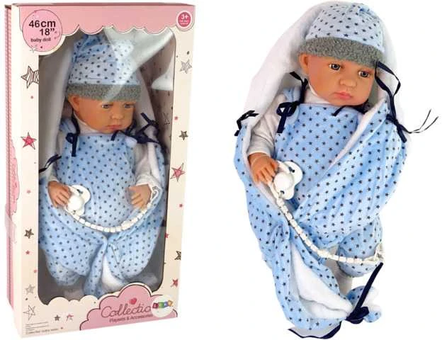 Lėlė kūdikis su žvaigždėta antklode 46 cm, mėlyna