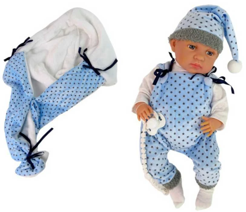 Lėlė kūdikis su žvaigždėta antklode 46 cm, mėlyna