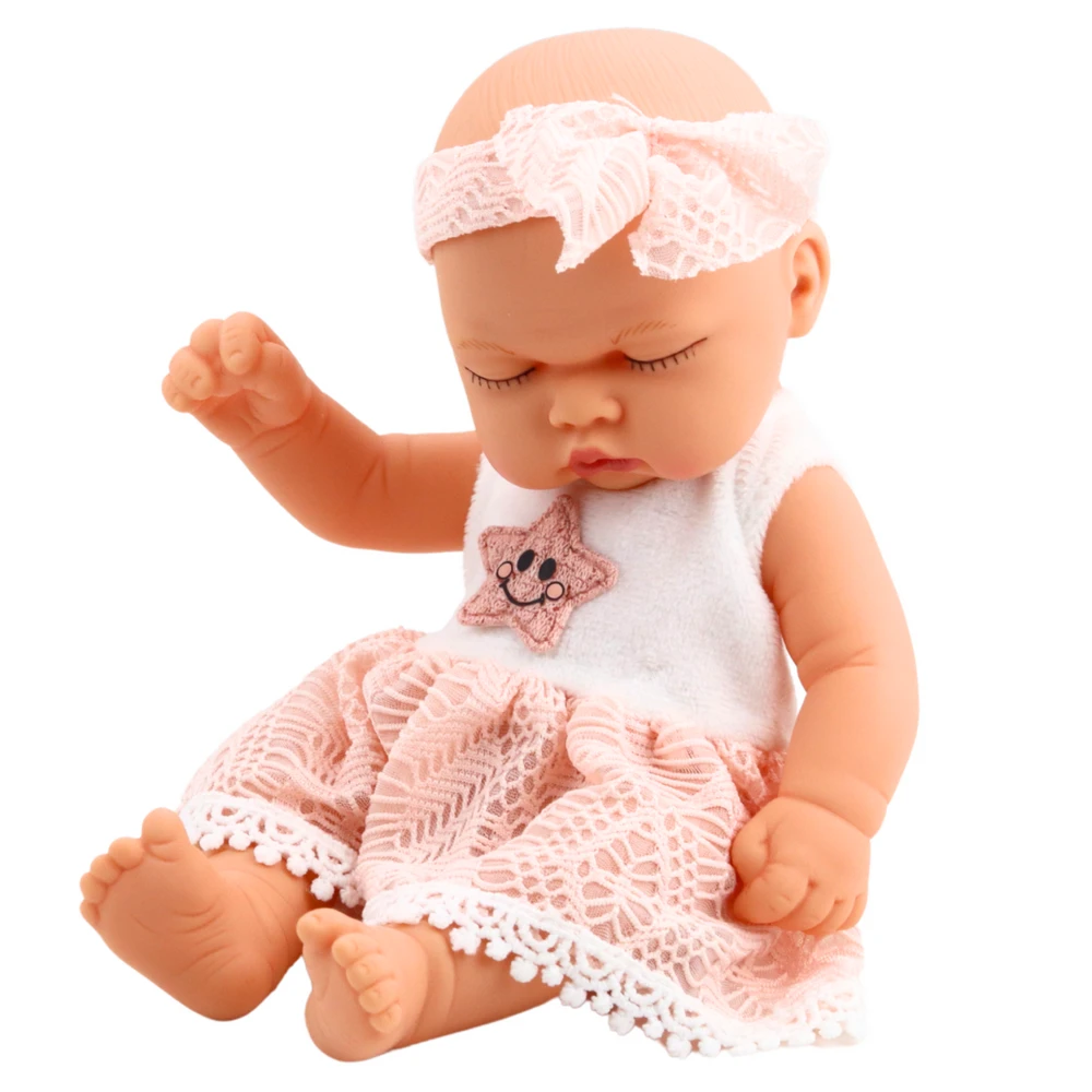 Lėlė - miegantis kūdikis su rožine suknele ir galvajuoste, 24 cm