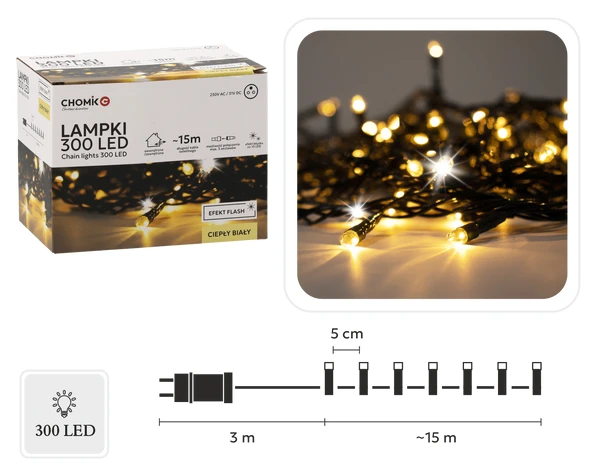 Lempučių girlianda 300 LED, šiltai balta, 3+15m