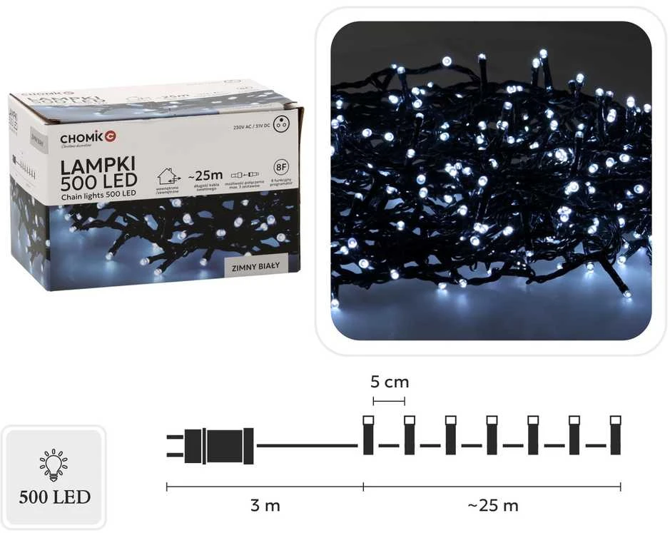 Lempučių girlianda 500 LED, šaltai balta, 3+25m