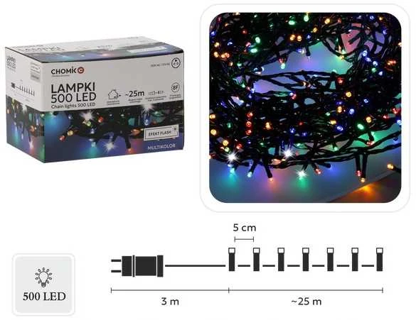Lempučių girlianda 500 LED, spalvota, 3+25m