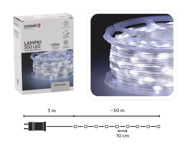 Lempučių girlianda ant ritės 500 LED Micro, šaltai balta, 3+50m