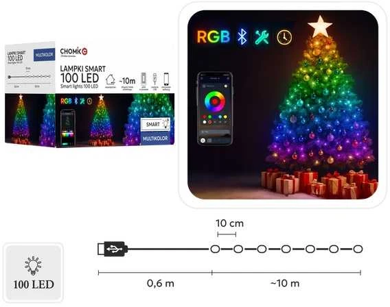 Lempučių girlianda SMART 100 LED RGB USB su pultu, 10+0.6m