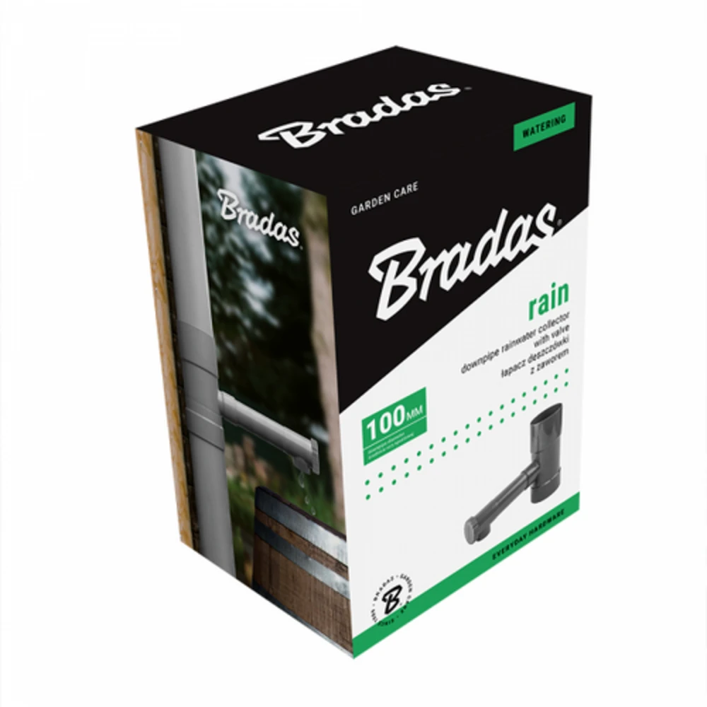 Lietaus vandens surinktuvas / gaudyklė su vožtuvu Bradas, 100mm, pilkas