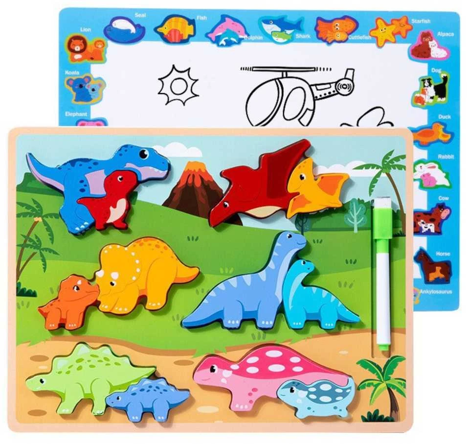 Medinė dėlionė su piešimo lenta 2in1 - Dinozaurai, 12 d.