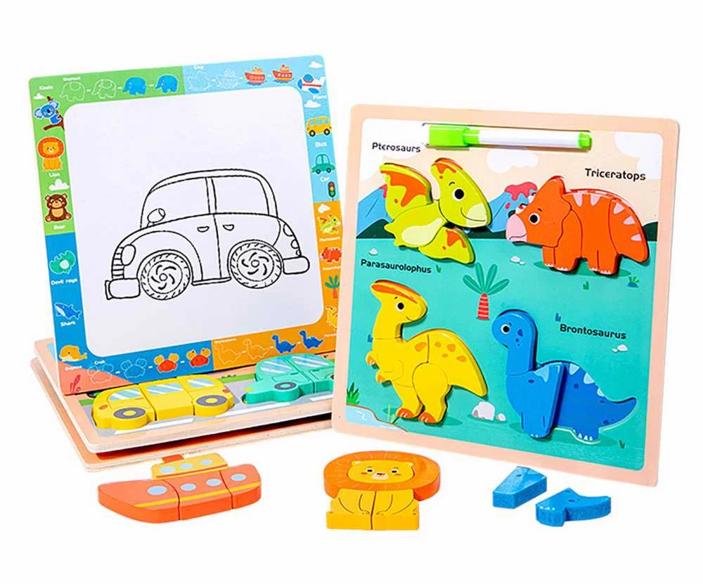 Medinė dėlionė su piešimo lenta 2in1 - Dinozaurai