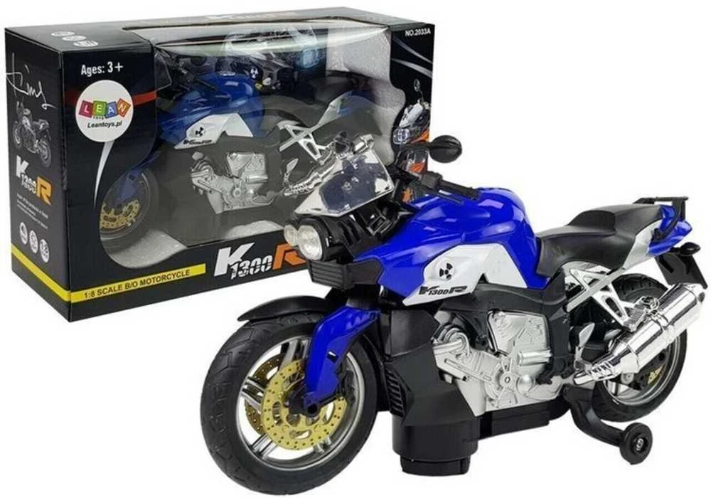 Mėlynas motociklas su baterijomis