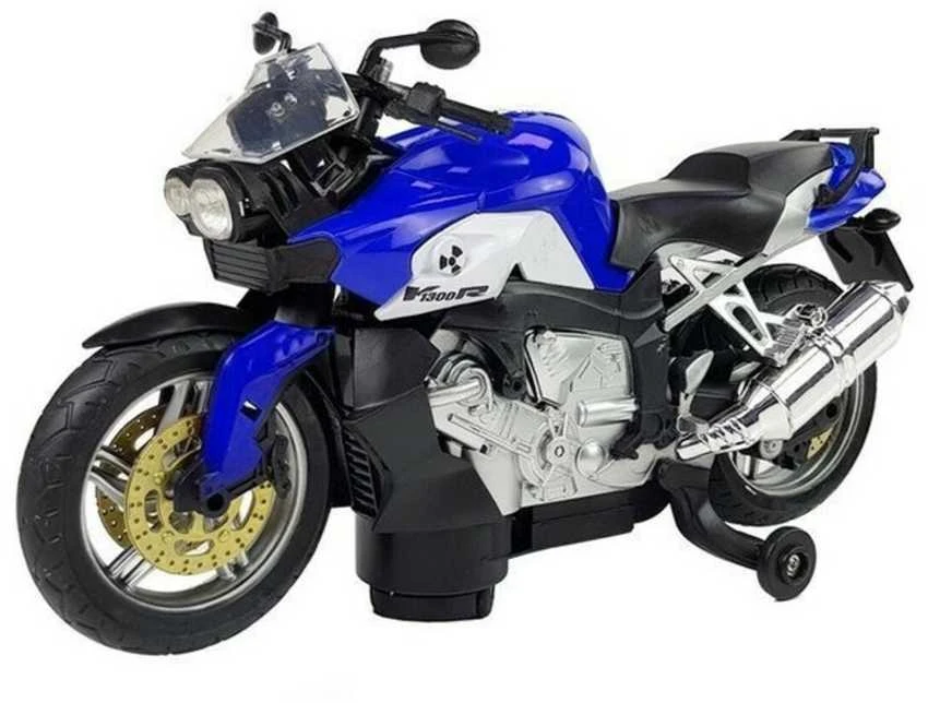 Mėlynas motociklas su baterijomis