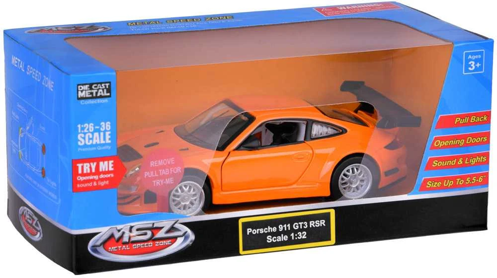 Metalinis automobilis Porsche 911 GT3 RS su garso ir šviesos efektais, oranžinis