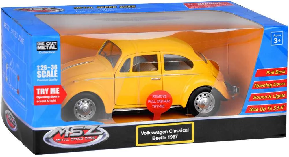 Metalinis automobilis Volkswagen Classical Beetle 1967 su garso ir šviesos efektais, geltonas
