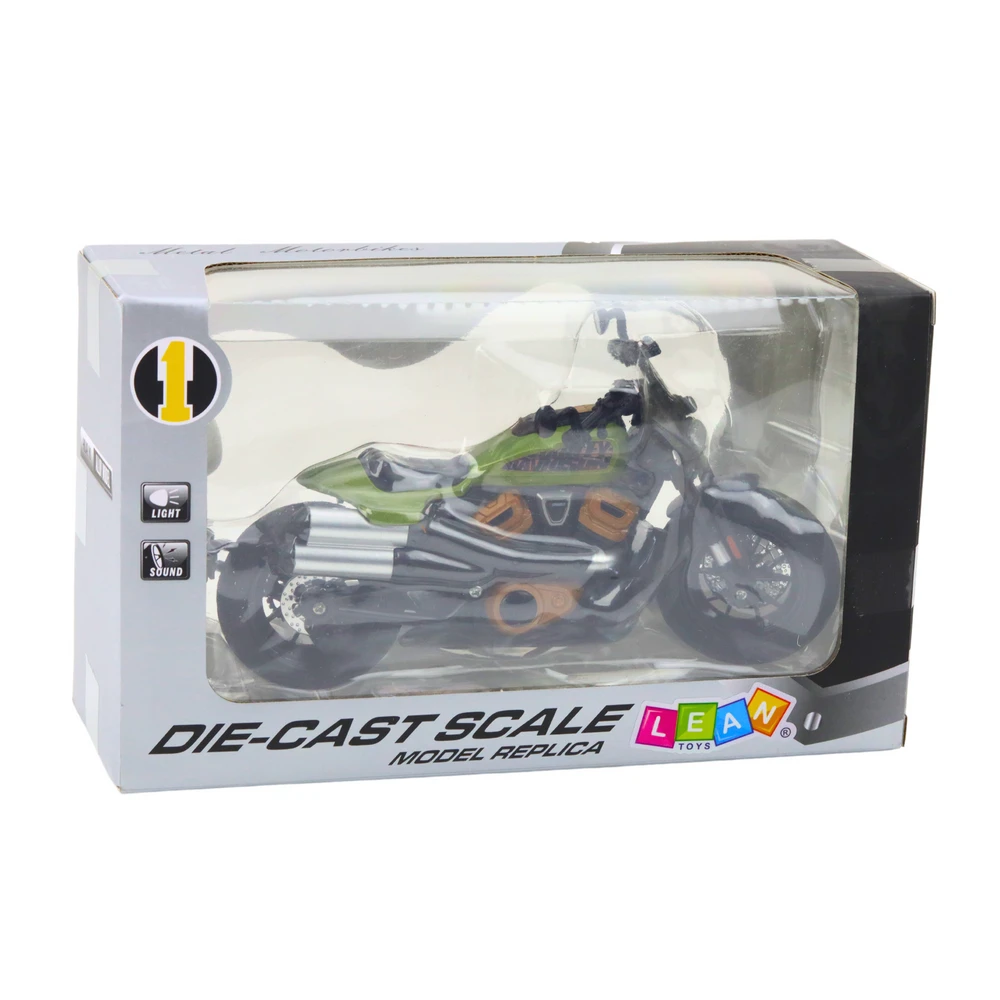 Metalinis chopper motociklo modelis su šviesos ir garso efektais, 1:12, juodas/žalias