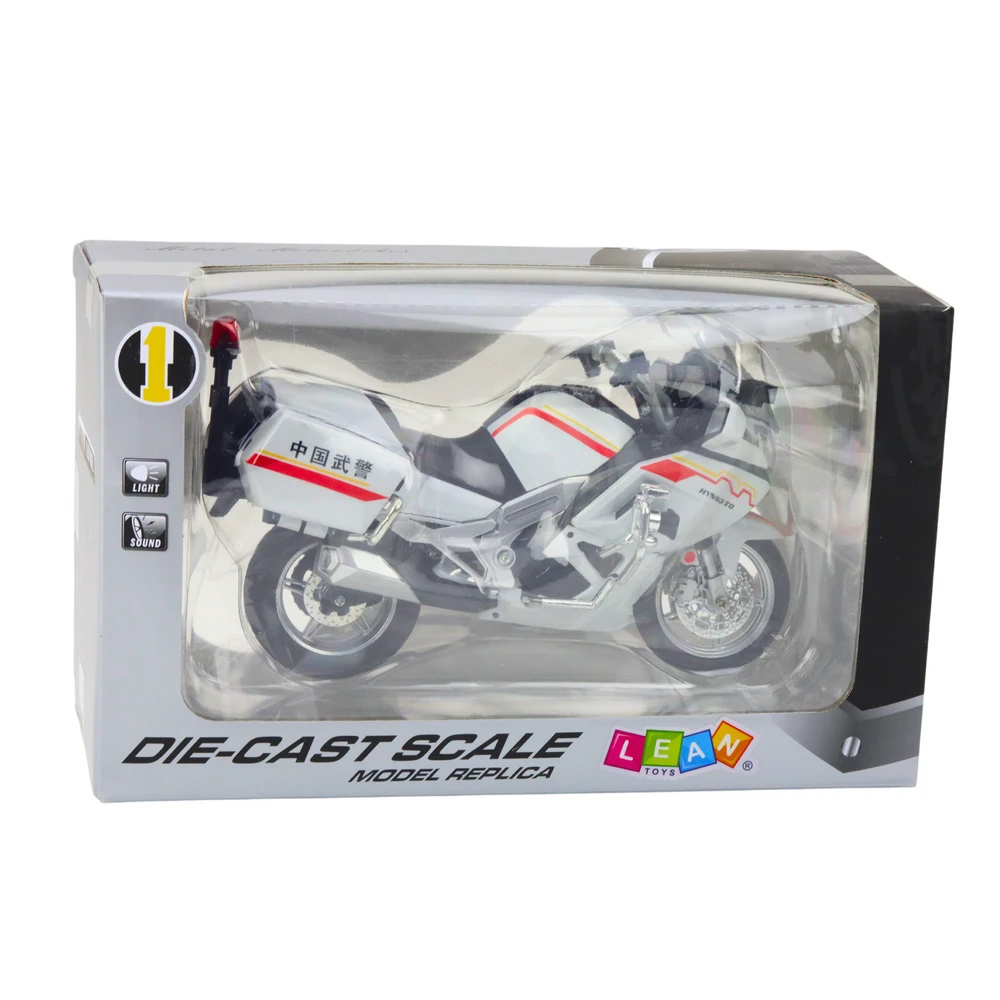 Metalinis motociklo modelis su šviesos ir garso efektais, 1:12, baltas su linijomis
