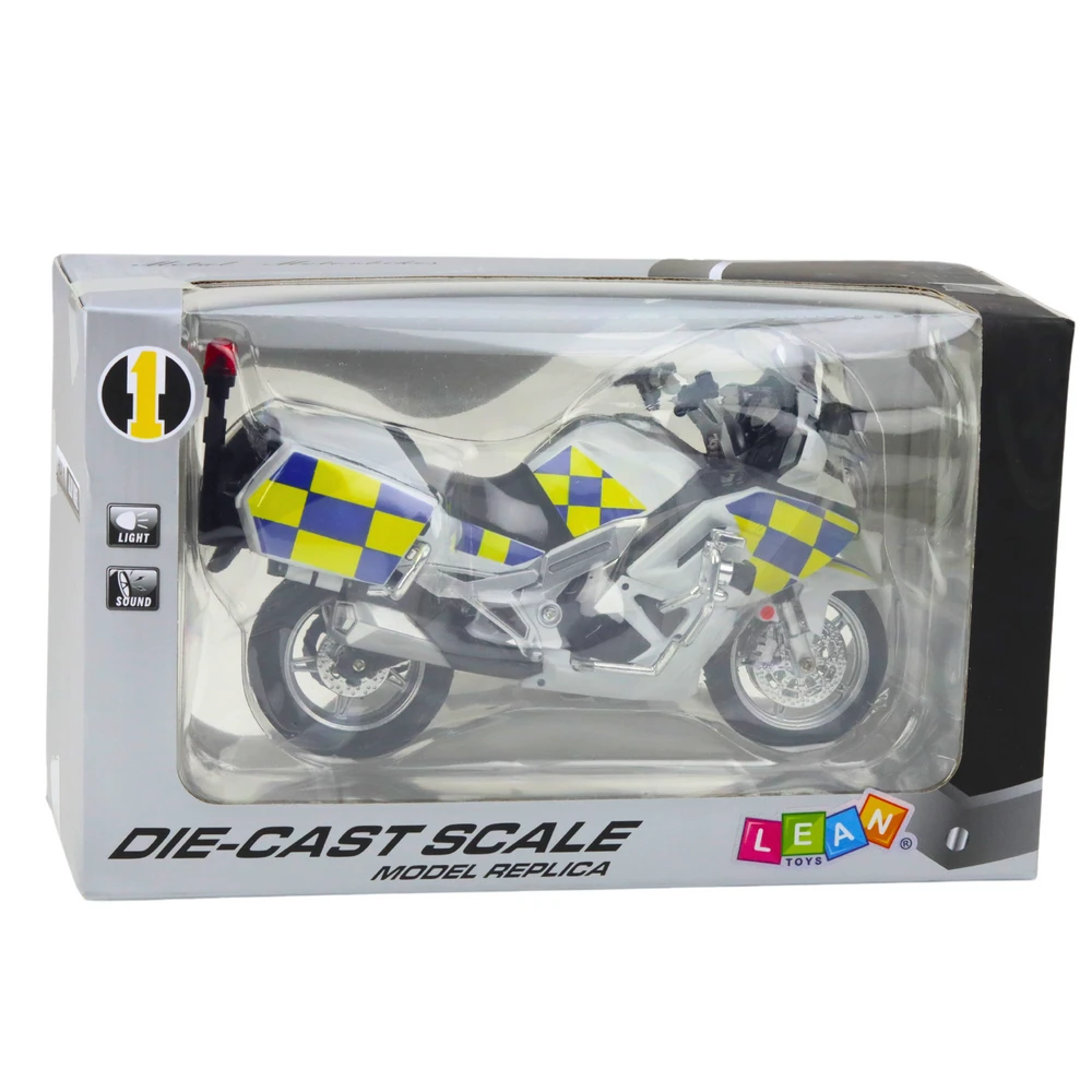 Metalinis policijos motociklo modelis su šviesos ir garso efektais, 1:12, baltas
