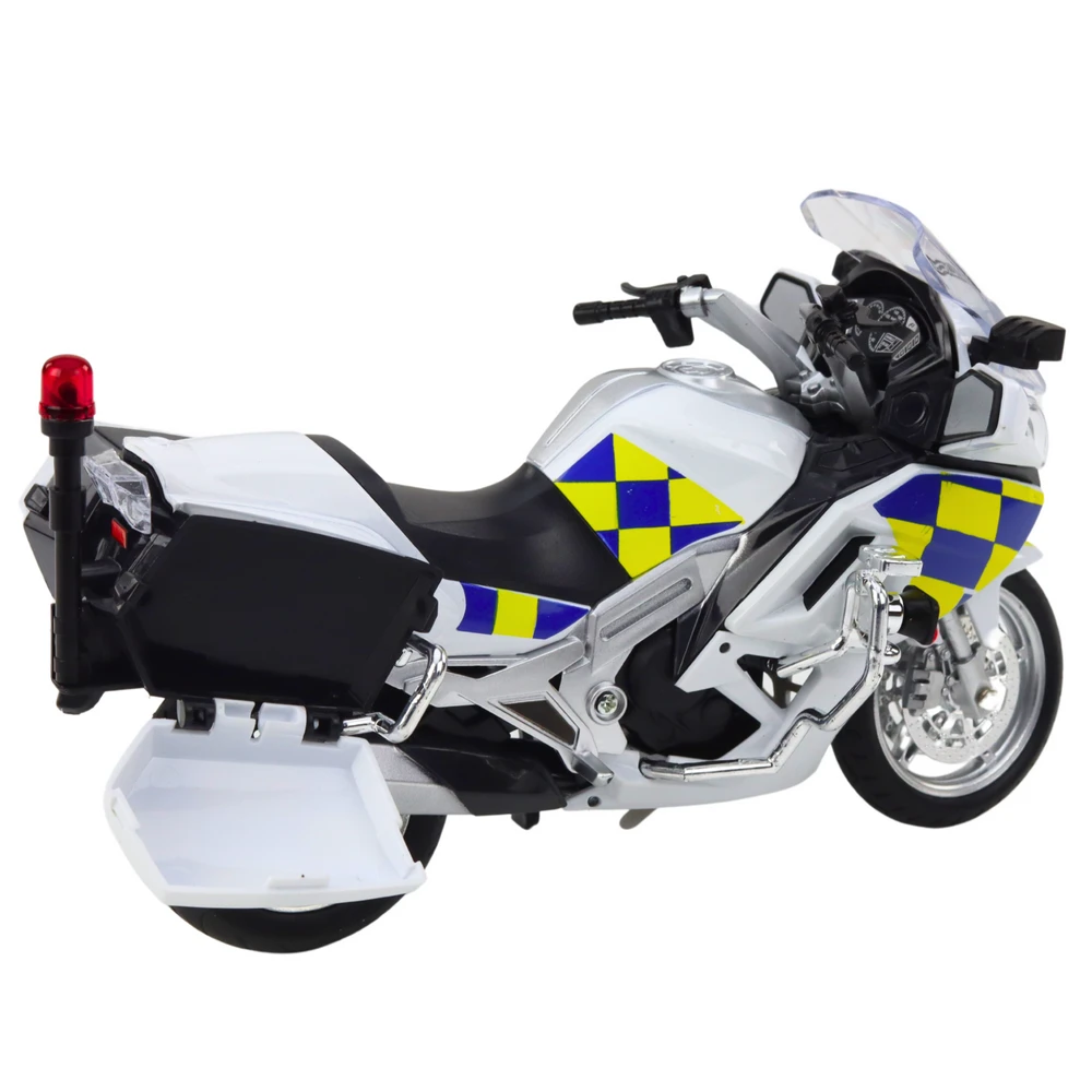 Metalinis policijos motociklo modelis su šviesos ir garso efektais, 1:12, baltas