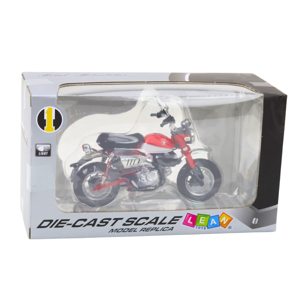 Metalinis retro motociklo modelis su šviesos efektais, 1:12, raudonas