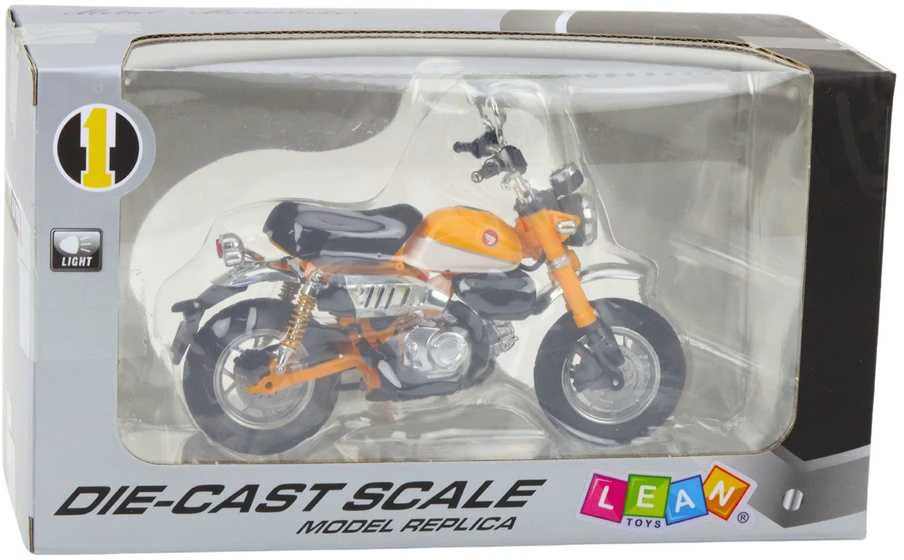 Metalinis retro motociklo modelis su šviesos efektais, 1:12, geltonas