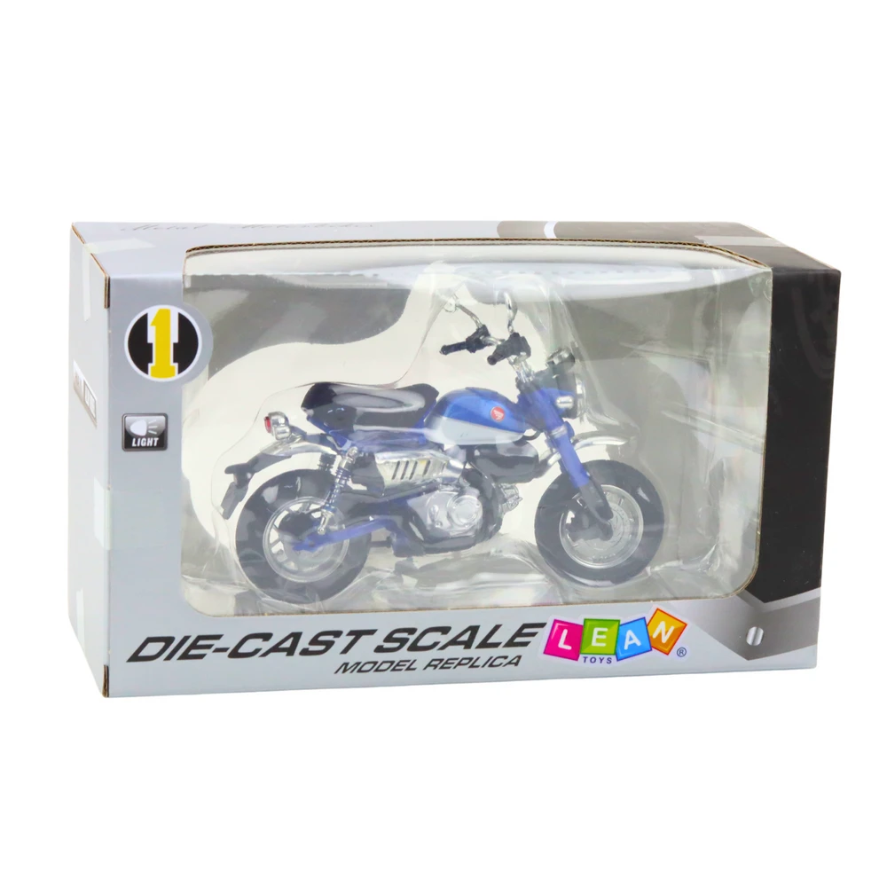 Metalinis retro motociklo modelis su šviesos efektais, 1:12, mėlynas