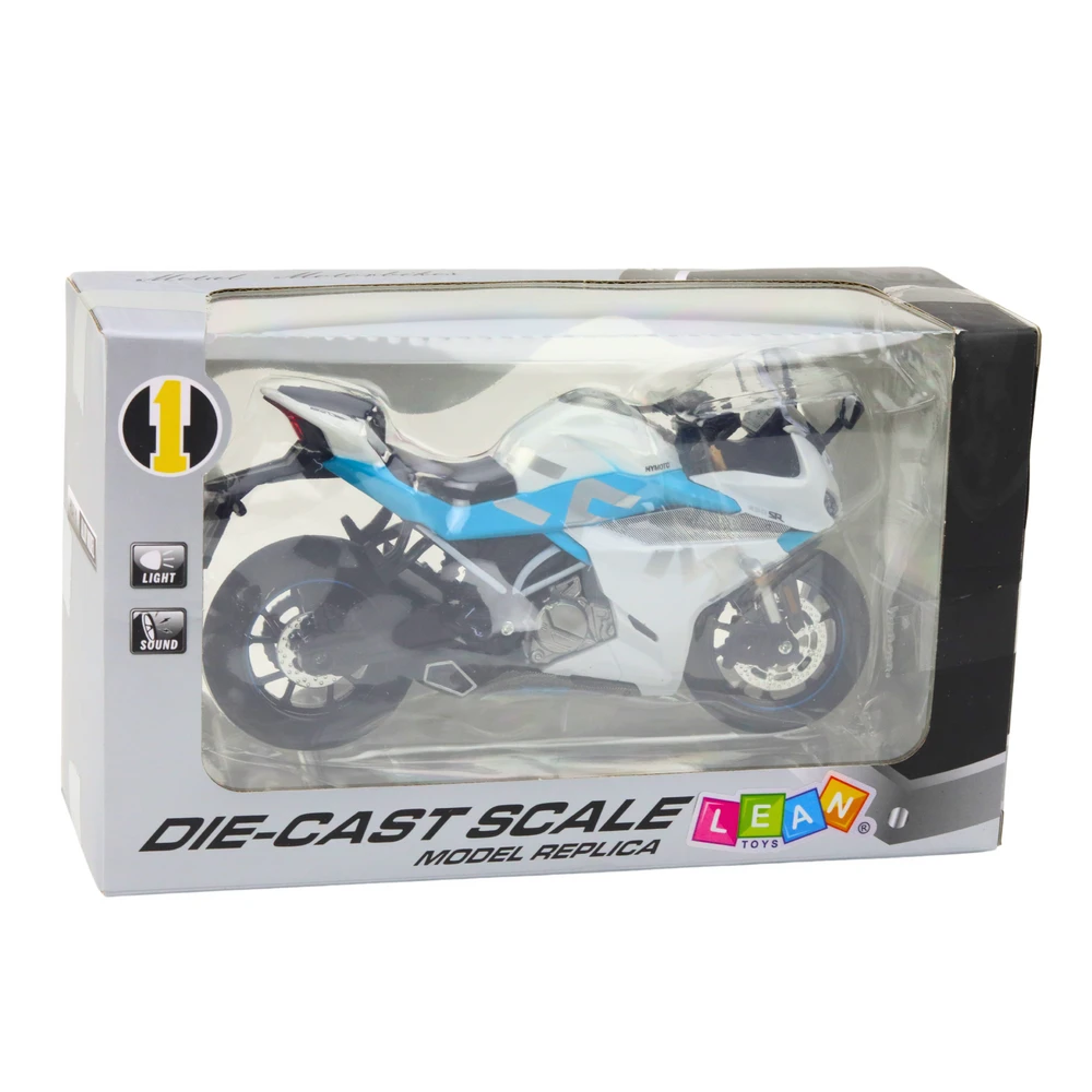 Metalinis sportinio motociklo modelis su šviesos ir garso efektais, 1:12, baltas/mėlynas
