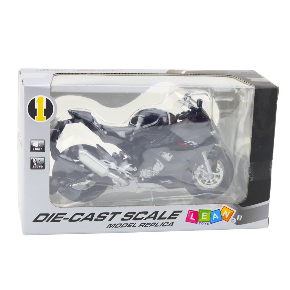 Metalinis sportinio motociklo modelis su šviesos ir garso efektais S1000 1:12, juodas