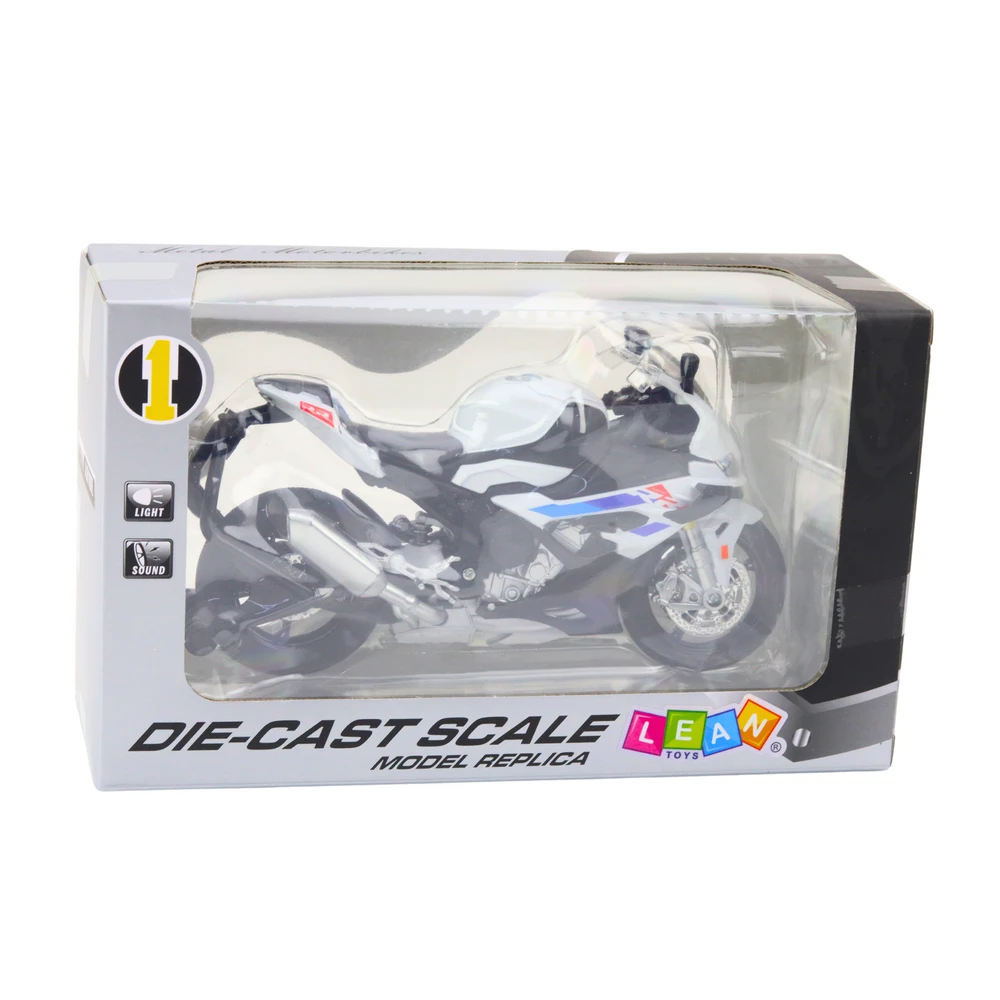 Metalinis sportinio motociklo modelis su šviesos ir garso efektais S1000 1:12, baltas