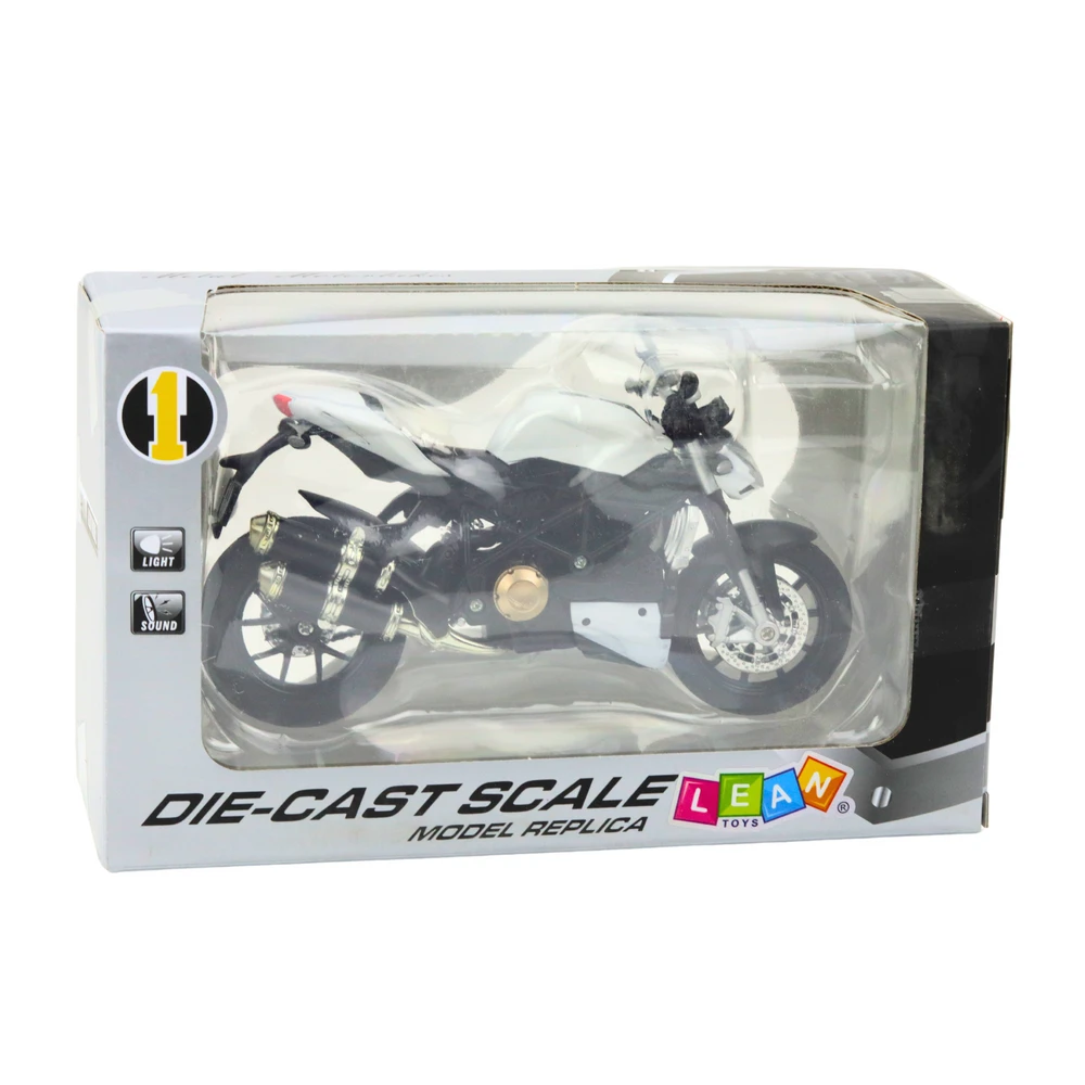 Metalinis sportinio motociklo modelis su šviesos ir garso efektais, 1:12, baltas