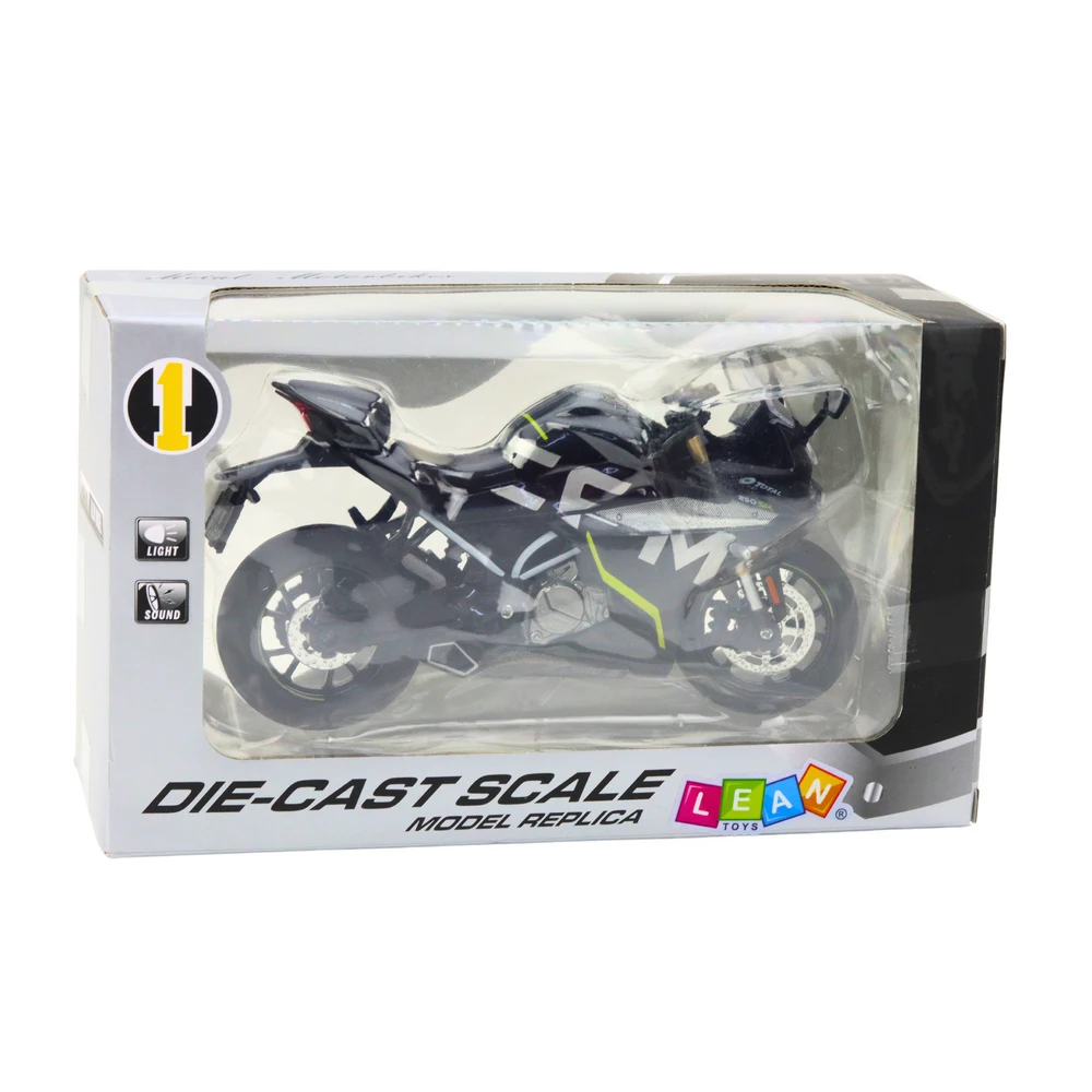 Metalinis sportinio motociklo modelis su šviesos ir garso efektais 250 SR 1:12, juodas