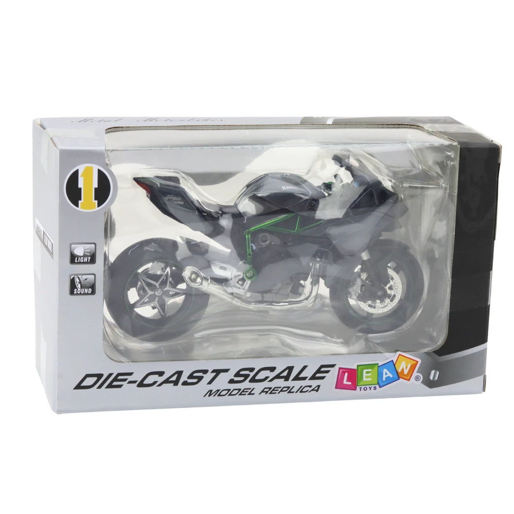 Metalinis sportinio motociklo modelis su šviesos ir garso efektais, 1:12, pilkas