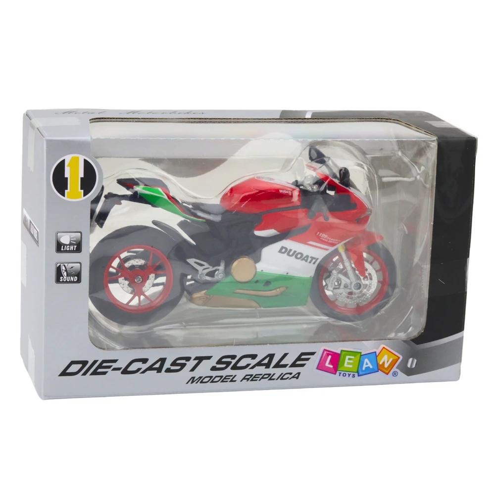 Metalinis sportinio motociklo modelis su šviesos ir garso efektais, 1:12, raudonas/žalias