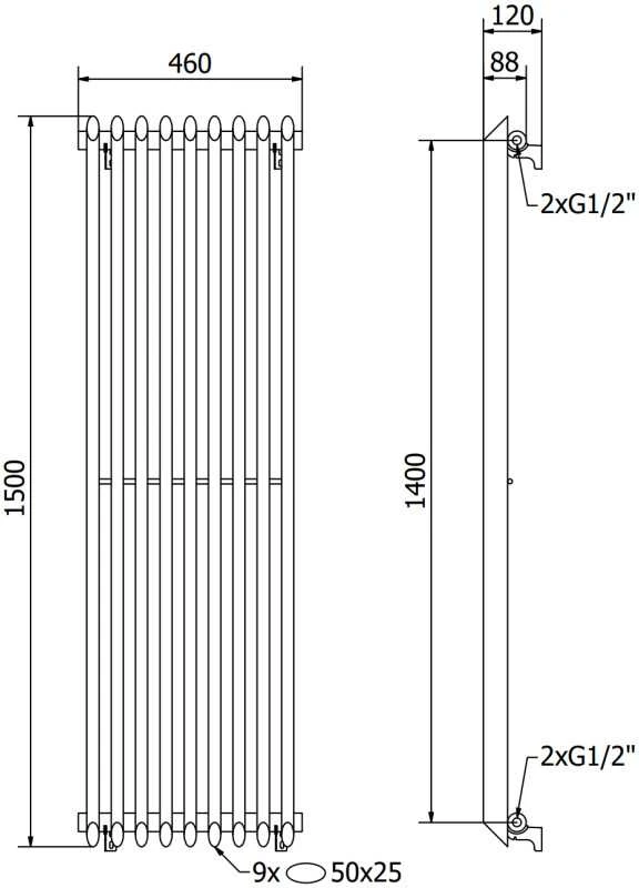 Mexen Atlanta dekoratyvinis radiatorius, 1500 x 460 mm, 894 W, juodas