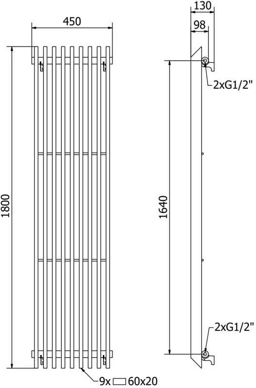Mexen Aurora dekoratyvinis radiatorius, 1800 x 450 mm, 1347 W, juodas