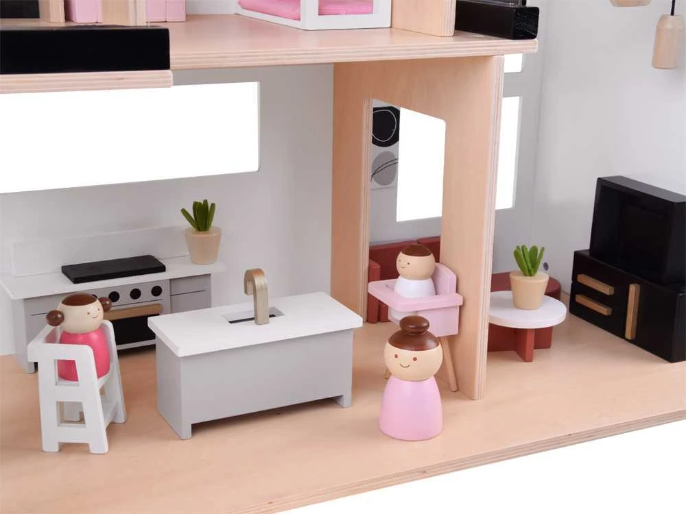 Modernus medinis lėlių namas LOFT su baldais