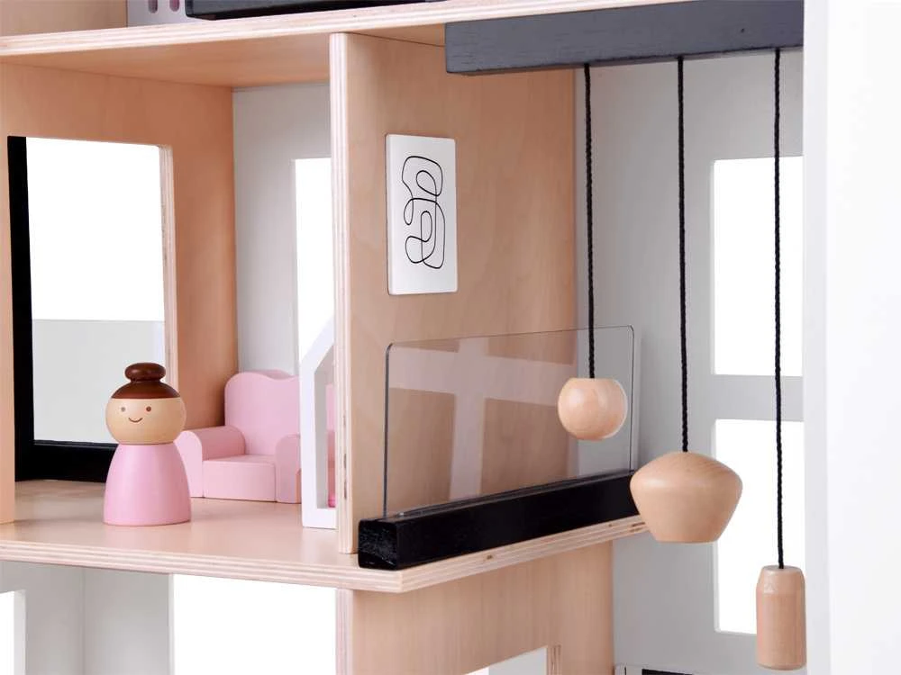 Modernus medinis lėlių namas LOFT su baldais