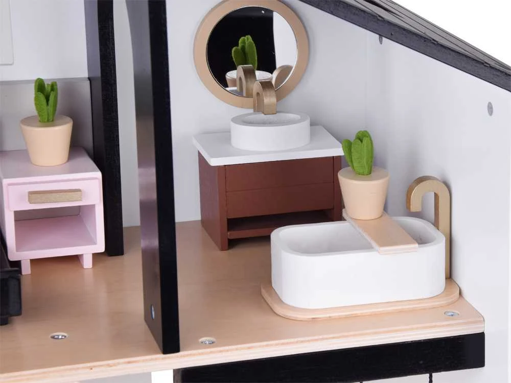 Modernus medinis lėlių namas LOFT su baldais