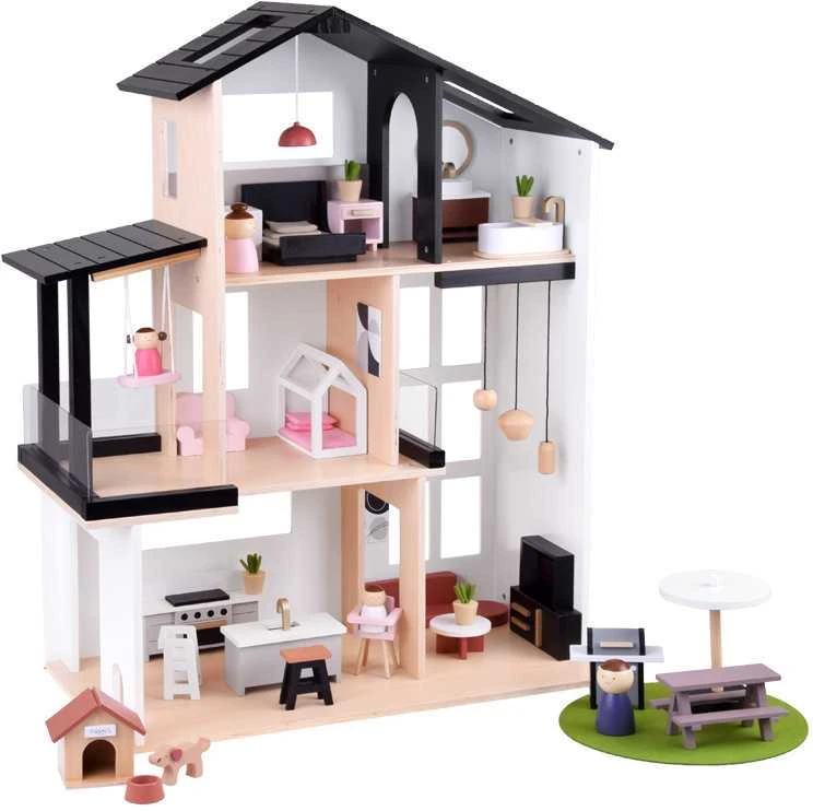 Modernus medinis lėlių namas LOFT su baldais