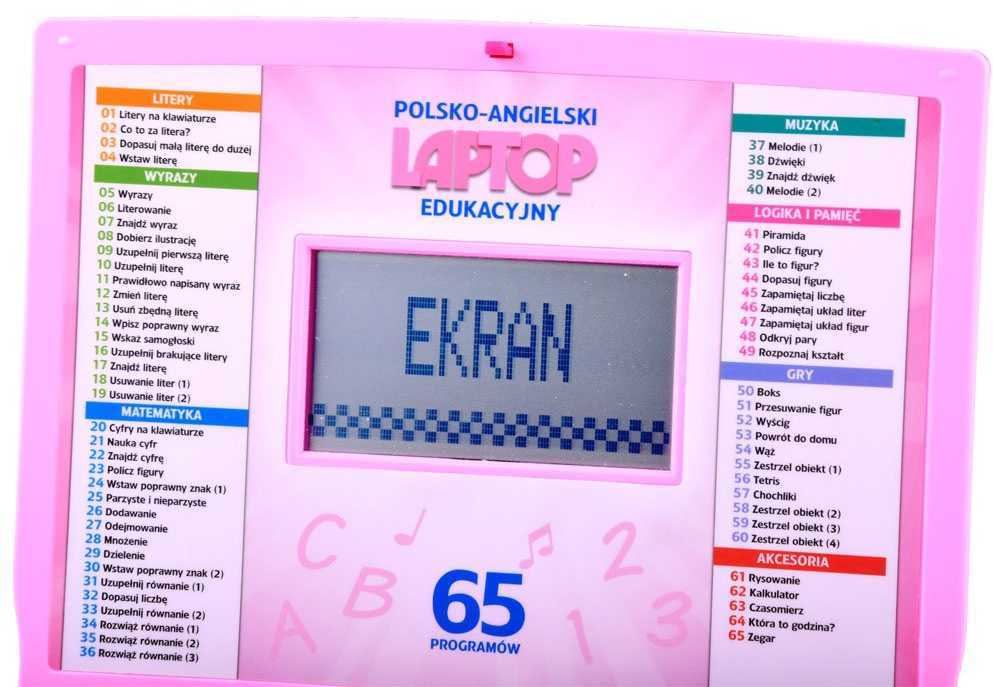 Mokomasis nešiojamasis kompiuteris lenkų-anglų kalbomis su 65 funkcijomis, rožinis