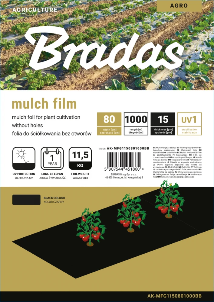 Mulčiavimo folija Bradas, 0,8 x 1000 m, juoda